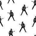 Guitar player silhouette. Black silhouettes on a white background. Vector seamless pattern illustration. Great for paper projects, Royalty Free Stock Photo