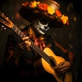 A guitar-playing man with a white painted face wearing a hat at a decorated move I dark background. For the day of the dead and