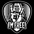 Guitar plectrum with a hand and the inscription I am free. Monochrome vector image