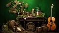 Guitar, Potted Plant, and More in a Green Room, St, Patrick\'s Day composition