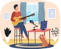 Guitar practice man playing and practicing instrument. Dog listening to music sitting next to owner Royalty Free Stock Photo