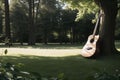 A guitar resting against a tree in a meadow