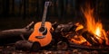 Guitar resting beside the fire, concept of Musical instrument