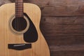 Guitar resting on old wooden background Close up acoustic guitar - top view Musical instrument for recreation or hobby passion