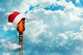 Guitar in a Santa Hat. Cloudy sky. New Year`s banner. Congratulations to musicians, music stores. Copy space. Place for your text