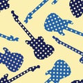 Guitar seamless pattern on light yellow background. Polka dot finish guitar silhouettes. Vector