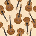 Guitar seamless pattern, musical background. The classic six-string on beige . Vector illustration