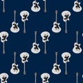 Guitar seamless pattern. Stringed musical instrument. Vector illustration of hand drawn acoustic guitar on a blue background Royalty Free Stock Photo