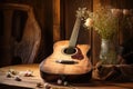 a guitar with sheet music on a wooden table Royalty Free Stock Photo