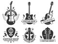 Guitar shop badges. Custom guitars shop emblem, guitar headstock and music instruments store badge vector illustration Royalty Free Stock Photo