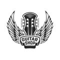 Guitar shop. Guitar head with wings. Rock and roll. Design element for logo, label, emblem, sign.