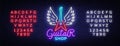 Guitar shop neon sign vector. Design template Guitar Store logo in neon style, light banner, bright neon night signboard