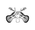 Guitar and Sign of the horns for jazz festival. Hand Drawn grunge sketch with a tattoo or t-shirt or woodcut. Rock and