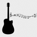 Guitar Silhouette With Music Notes - Black Vector Illustration - Isolated On Transparent Background