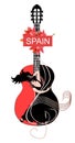 Guitar soul. Beautiful spanish girl dancing flamenco on treble clef against huge red-bleck acoustic guitar. Banner, poster