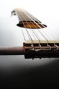 Guitar string closeup. POV artsy black shiny reflective guitar studio photo.