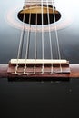 Guitar string closeup. POV artsy black shiny reflective guitar studio photo.