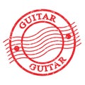 GUITAR, text written on red postal stamp