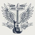 Guitar with wings. Electric guitar and angel wings in sketch style template for music festivals poster, tattoo or t