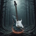 A guitar in the woods with a glowing flame around it, dystopian gray forest background, album cover.