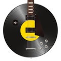 An electric guitar shaped like a vinyl record to symbolize pop rock music.