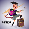 guitarist with bright emotions, playing rock electric guitar near an amp. character design. typographic rock design - vector