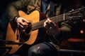 The guitarist, capo in place, serenades the microphone with an acoustic guitar. Royalty Free Stock Photo