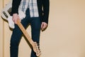 Guitarist with guitar closeup with free space