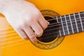 Guitarist hand playing acoustic guitar