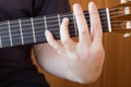 Guitarist hand playing acoustic guitar