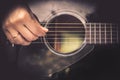 Guitarist Hand playing on acoustic guitar fretboard vintage style