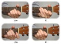 Guitarist hand playing guitar chords: Am, C, Em, E