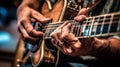 Guitarist hands playing acoustic guitar, close-up view. Generative AI Royalty Free Stock Photo