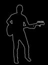 Guitarist player vector line contour silhouette isolated on black.