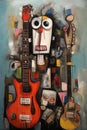 Guitarist playing acoustic guitar in abstract painting in cubism style for poster or flyer in funny style