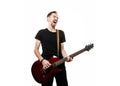 Guitarist playing and singing loudly on isolated a white background Royalty Free Stock Photo