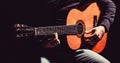 Guitarist plays. Play the guitar. Hipster man sitting in a pub. Live music. Guitars and strings. Man playing guitar Royalty Free Stock Photo