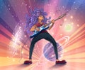 Guitarist on stage with a guitar on space background with planets, galaxies and stars. Music player with instrument on a concert