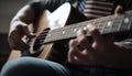 Guitarist strums acoustic, creating music in close up generated by AI