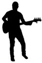 Guitarist vector silhouette illustration isolated on white background. Popular music super star on stage. Guitar music instrument.