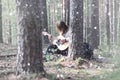 Guitarist in the woods at a picnic. A musician with an acoustic Royalty Free Stock Photo