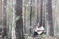 Guitarist in the woods at a picnic. A musician with an acoustic Royalty Free Stock Photo
