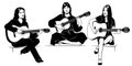 Guitarists Women Trio Silhouettes. Black and white stencil vector clipart.