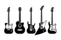 Guitars black and white. Acoustic and electric guitar outline musical instruments, various forms, classic and rock music