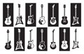 Guitars. Black and white electric and acoustic rock guitars of different types. Vector minimalist isolated set