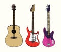 Guitars collection, acoustic, electro and bass guitar, hand drawn doodle gravure vintage style, sketch Royalty Free Stock Photo