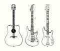 Guitars set, acoustic, electro and bass guitar, hand drawn doodle gravure vintage style, sketch