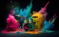 Guitars and drums with rainbow paint energetic explosion Royalty Free Stock Photo