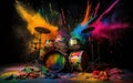 Guitars and drums with rainbow paint energetic explosion Royalty Free Stock Photo