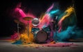 Guitars and drums with rainbow paint energetic explosion Royalty Free Stock Photo